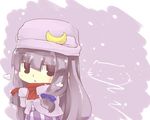  blush cat chibi commentary_request crescent dress hair_ribbon hat hazuki_ruu jacket jitome long_hair open_mouth patchouli_knowledge purple_eyes purple_hair ribbon scarf solo striped striped_dress touhou 