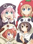  &gt;:) :o akaza_akari animal_costume black_hair blonde_hair blue_eyes brown_eyes cat_costume clenched_hands dog_costume funami_yui hands_on_own_cheeks hands_on_own_face mii0512 multiple_girls panda_costume pink_hair purple_eyes red_hair smile tomato tomato_costume tongue toshinou_kyouko v-shaped_eyebrows yoshikawa_chinatsu yuru_yuri 