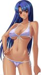  1girl bare_shoulders bikini blue_hair blush breasts collarbone dark_skin front-tie_bikini front-tie_top hand_on_hip kagami kagami_hirotaka large_breasts lilith-soft long_hair looking_at_viewer navel pose red_eyes side-tie_bikini simple_background solo swimsuit taimanin_asagi taimanin_murasaki white_background yatsu_murasaki 