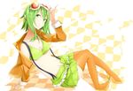  boots goggles goggles_on_head green_eyes green_hair gumi headphones jacket megpoid_(vocaloid3) midriff navel panda_(pandadesu) pinky_out short_hair sitting skirt solo suspenders thigh_boots thighhighs vocaloid zettai_ryouiki 