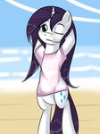  anthro anthrofied beach biting_hair biting_lip blue_eyes blush bottomless clothed clothing cutie_mark english_text equine female friendship_is_magic fur gem hair half-dressed hands_behind_head horn horse kloudmutt long_hair looking_at_viewer mammal my_little_pony one_eye_closed outside pink_topwear pony purple_hair rarity_(mlp) sand seaside shirt simple_background sky solo tail teeth text transparent_topwear unicorn wet white_horn white_skin wink 