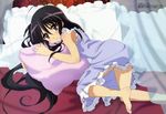  absurdres ahoge barefoot bed black_hair blush feet frilled_pillow frills highres legs long_hair megami non-web_source official_art pajamas pillow shakugan_no_shana shana shimazawa_noriko solo very_long_hair 