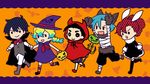  3boys animal_ears bandages black_hair blue_hair bow bowtie bunny_ears cape chibi costume dress halloween hat hisui_(paingumi) holding_hands kamina multicolored_hair multiple_boys multiple_girls nia_teppelin paws pitchfork red_hair rossiu simon tengen_toppa_gurren_lagann two-tone_hair vampire witch_hat wolf_ears yoko_littner 