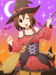  alternate_costume broom brown_eyes brown_hair collarbone crescent_moon halloween hat hirasawa_yui k-on! kisuke_(akutamu) moon musical_note official_style one_eye_closed open_mouth round_teeth solo teeth witch_hat 