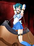  1girl ball_gag bdsm bishoujo_senshi_sailor_moon blue_hair blush bondage bound censored collar dildo eyes_closed gag gagged mizuno_ami penetration predicament_bondage pussy_juice rope sailor_mercury saliva shibari short_hair solo spark_utamaro strap straps torture vaginal vibrator wooden_horse 