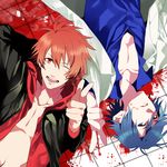  blood blue_eyes blue_hair ichinose_tokiya ittoki_otoya looking_at_viewer lying male_focus multiple_boys navel on_back one_eye_closed open_clothes open_mouth open_shirt orange_eyes red_eyes red_hair shirt teeth uta_no_prince-sama yuzumame 