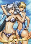  2girls arm_up armpits ass back bare_shoulders bikini blonde_hair blue_eyes blush butt_crack collarbone eiwa fiorun from_behind green_eyes hand_holding hand_on_hip head_wings headwings highres hips looking_at_viewer melia midriff multiple_girls navel ocean official_art one-piece_swimsuit one_piece_swimsuit open_mouth outdoors riki_(xenoblade) sea short_hair silver_hair sky smile standing swimsuit thighs wide_hips xenoblade 