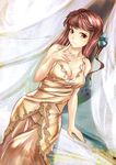  bare_shoulders black_eyes blush breasts brown_hair cleavage collarbone dress dutch_angle finger_to_mouth light_smile long_hair looking_at_viewer medium_breasts original solo suoni_(deeperocean) 
