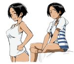  black_hair blue_eyes character_sheet copyright_request frown hands_on_hips minato_fumi no_pants simple_background smile 