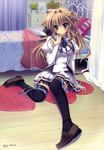  absurdres arm_support bed black_legwear blue_eyes hair_intakes hair_ribbon highres izumi_tsubasu loafers mashiroiro_symphony ribbon school_uniform sena_airi shoes sitting solo thigh_ribbon thighhighs two_side_up zettai_ryouiki 