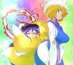  :&gt; bad_id bad_pixiv_id blonde_hair blush breasts curvy fox_tail frills happy hat hat_ribbon multiple_girls multiple_tails nagae_iku one_eye_closed purple_hair ribbon scarf short_hair space_jin sparkle star tail tail_hug touhou wince yakumo_ran yellow_eyes 