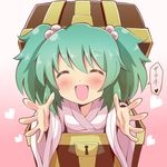  blush box closed_eyes dress givuchoko green_hair hair_bobbles hair_ornament hands heart in_box in_container japanese_clothes kimono kisume mimic mimic_chest open_mouth outstretched_arms pink_dress short_hair simple_background smile solo touhou translated treasure_chest twintails 