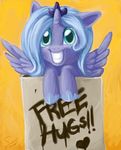  &hearts; &lt;3 alicorn blue_eyes blue_hair blush crown cub cute devipotato english_text equine female feral free_hugs friendship_is_magic hair horn horse mammal my_little_pony pony princess_luna_(mlp) sign smile solo text winged_unicorn wings young 