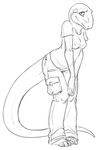  breasts cargo_pants clothed clothing eyes female hindpaw jenny jenny_(slither) komodo_dragon lizard monitor_lizard monochrome nipples pants paws plain_background reptile scalie sefeiren shirt sketch solo standing tail white_background 