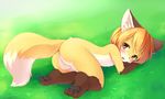  blonde_hair blush butt canine female fox grass hair hindpaw ka looking_back lying nude outside pawpads paws short_blonde_hair short_hair solo tail young 