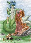  babydoll blue_hair breasts brown_hair chest_tuft cloud clouds couple feline female fur grass green green_fur hair kneeling langurhali mammal naturally_censored nightgown one_eye_closed ribbons tiger tuft vera vinera 