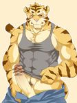  anthro biceps big_muscles blush brown_eyes censored chest_tuft clothed clothing erection feline fur humanoid_penis kenn looking_at_viewer male mammal muscles nude pants partially_clothed pecs penis pink_nose plain_background presenting presenting_penis pubes pubic_hair shirt shirt_lift solo stripes tail tank_top tiger tight_clothing tuft underwear undressing unknown_artist 