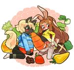  &hearts; blonde_hair blush brown_hair canine carrot clothing english_text female food fox hair kneeling lagomorph licking long_brown_hair long_hair mammal pants rabbit shirt short_blonde_hair short_hair strawberry suggestive text tomato tongue tongue_out torn_clothing utsuki_maito zenmai 