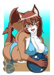  big_breasts bikini bikini_top blue_eyes breasts brown_hair canine cleavage clothed clothing female fox gradient gradient_background hair long_brown_hair long_hair looking_at_viewer lying mammal mrbowater on_stomach open_mouth skimpy smile solo swimsuit tail watermark 