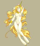  breasts equine eyes_closed female fortuna hair hooves horn horse jewelry long_hair nude pinup plain_background pussy solo thigh_gap unicorn 