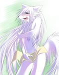  blush breasts canine clothed clothing covering female fox hair holding_breasts long_hair long_white_hair mammal noah_(artist) open_mouth shy skimpy solo standing towel white_hair 