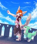  canine clothed clothing cloud clouds dragon fox hair jacket looking_back male mammal open_mouth orange_hair pouch purple_eyes rail shorts solo standing urekemo 