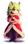 clothed clothing coat cub falvie female fox green_hair hair looking_away mammal pants pink_eyes pink_nose plain_background shoes solo standing young 