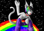  blue_eyes bulge cameleont cat clothing ear_piercing earring feline girly hair looking_at_viewer male multi-colored_hair mutisija pants piercing purple rainbow rainbow_hair sitting smile solo star tail tongue tongue_out topless wink 