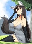  animal_ears black_hair black_legwear breasts choker cleavage elbow_gloves gen_3_pokemon gloves large_breasts long_hair mightyena personification pokemon sitting solo tail thighhighs toudori tree 