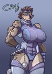  biceps big_breasts big_thighs breasts brown_hair canine clothing cru eyewear female gloves goggles hair hand_on_hip huge_breasts hyena jaeh leotard mace mammal muscles muscular_female short_brown_hair short_hair solo standing thick_thighs weapon wide_hips 