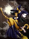  anthro belt black_hair blush boots breasts broom cat cleavage clothed clothing costume feline female flying green_eyes hair halloween hat holidays long_black_hair long_hair looking_at_viewer magic_user mammal moon open_mouth pinup pose skirt solo stars tali watermark witch witch_hat 