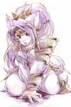  azuman boots canine female gloves hair horn kneeling legend_of_mana long_hair long_purple_hair mammal pink_nose purple_eyes purple_hair sierra simple_background solo 