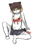  black_jellyfish blonde_hair blue_eyes breasts cat cleavage clothed clothing feline female hair hat looking_at_viewer mammal midriff pinup pose shorts sitting solo 