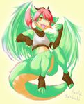  anthro breasts clothed clothing dragon female floating gloves hair horn looking_at_viewer pinup pose red_hair shirt shizuru simple_background sizuru socks solo wings 