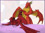  anthro arcenaux blowup_background blue_eyes breasts dragon duo erection eyes_closed female from_behind horn long_tongue male necklace necrodrone necrodrone_(character) nude penis piercing red_body red_dragon scalie sex standing straight tongue tongue_out wings 