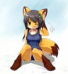  blue breasts brown_eyes brown_hair canine cute female fox hair hairclip ka leaf orange sitting solo swimsuit wounded 
