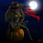  bottomless clothed clothing cosplay costume female half-dressed halloween holidays jessica_anner magic_user malith_volskov mammal moon night pumpkin red_eyes sky solo witch 