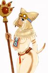  &#12521;&#12531; ?? belt big_breasts blue_eyes breasts cat clothed clothing eyewear feline felyne female goggles half-dressed hat looking_at_viewer mammal monster_hunter pinup plain_background polearm pose skimpy solo standing tail video_games 