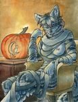  black_nose blue_eyes breasts canine chair costume ear_piercing female fox hair halloween holidays looking_at_viewer mammal multi-colored_hair mummy nipple_piercing nipples piercing pumpkin ruaidri sitting solo syandene table undead 