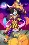  anthro ashiji ashiji_(character) belt black_hair blue_eyes breasts cleavage clothed clothing cloud clouds colorful costume dragon female hair halloween hat holidays legwear long_black_hair long_hair looking_at_viewer moon pinup pose pumpkin ribbons shoes sitting slugbox socks solo star stockings stripes tail teeth 