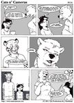  black_and_white cat cats_n&#039;_cameras cats_n'_cameras cheetah comic dialog dialogue english_text feline female greyscale james_di_benedetto james_m_hardiman josephine_rodgers male mammal monochrome svetlana_(cnc) tail text webcomic 