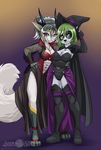  abstract_background anthro bear boots breasts canine cape cleavage clothed clothing corset costume dress duo facial_markings fangs female fox green_eyes green_hair grey_hair hair halloween hat holidays horn jade magic_user mammal markings necklace obsidian_(character) panda pink_nose pose red_eyes standing tail undead vampire watermark witch 