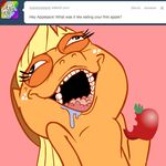  apple applegasm applejack&#039;smoreapplegasm applejack_(mlp) ask_jappleack blonde_hair cowboy_hat eating equine female feral freckles friendship_is_magic fruit hair hat horse hotdiggedydemon jappleack long_hair mammal my_little_pony open_mouth pony ponytail saliva solo tumblr 