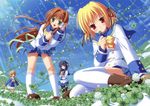  blonde_hair brown_hair clover_point flowers green_eyes inamori_mahoshi pantyhose red_eyes seifuku takanashi_yaya thighhighs yuyi 