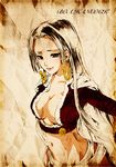  boa_hancock breasts cape character_name cleavage crop_top earrings faux_traditional_media highres jewelry large_breasts lips long_hair looking_at_viewer midriff monochrome navel one_piece sagatsune sepia smile solo spot_color 