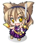  belt blonde_hair chibi earmuffs open_mouth ritual_baton shinjitsu shirt skirt sleeveless sleeveless_shirt smile solo sword touhou toyosatomimi_no_miko weapon yellow_eyes 