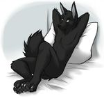  anthro anubian_jackal armpits black_body black_ears black_fur black_nose black_pawpads black_tail canine claws cute deity fluffy_tail fur green_eyes hindpaw jackal keihound looking_at_viewer male mammal nude pawpads paws pillow pinup pose raised_arm sitting solo tail zharr 