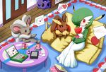  blissey blush cameo chansey cinccino coffee_mug computer cup directional_arrow electrode gardevoir gen_1_pokemon gen_2_pokemon gen_3_pokemon gen_4_pokemon gen_5_pokemon happiny heart holding laptop lopunny mug multiple_girls objectification pikachu pixiv poke_ball poke_ball_theme pokemon pokemon_(creature) spoken_blush spoken_heart spoken_object swalot yu_yun 