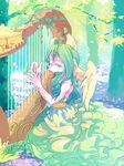  ?? clothing dress ear_piercing earring female forest green_eyes green_hair green_theme hair harp jewelry leaves long_green_hair long_hair looking_at_viewer musical_instrument nature one_eye_closed outside pasikon piercing scenery sitting solo star tree wings wood 