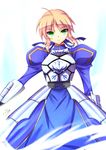 ahoge armor armored_dress artoria_pendragon_(all) blonde_hair dress fate/stay_night fate_(series) faulds gauntlets green_eyes hair_ribbon highres juliet_sleeves ka2 long_sleeves puffy_sleeves ribbon saber solo 